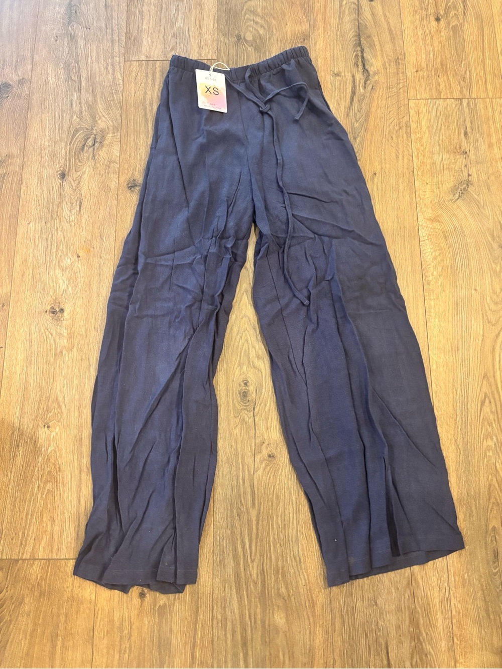 New Women's Blue Cotton Linen Drawstring Wide Leg Pants Relaxed Fit XS